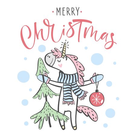Merry Christmas greeting card with cute Unicorn, vector illustrationのイラスト素材
