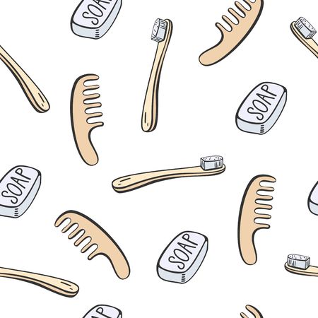 Zero waste lifestyle seamless pattern with wood personal care productsのイラスト素材