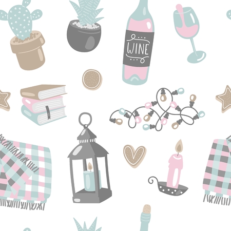 Hand drawn seamless pattern with hygge elements. Time to Hygge.のイラスト素材