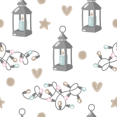 Merry Christmas and Happy New Year seamless pattern. Scandinavian design. Hygge elements. Vector illustration.の写真素材