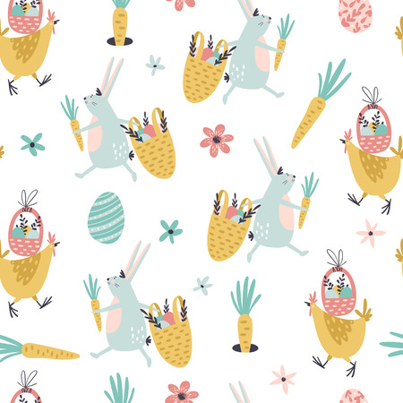Seamless pattern with easter eggs, flowers, rabbit and henのイラスト素材