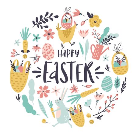 Set of Easter design elements. Eggs, baskets, hen, bunny, flowers, branches, leaves and berries. Handwritten modern brush calligraphy for invitation and greeting card.のイラスト素材