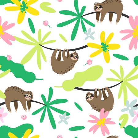 Vector seamless pattern with sloth and colorful tropical leaves and flowersのイラスト素材