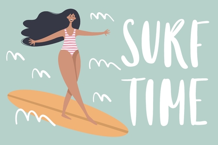 Surf poster with text quote "surf time". Trendy flat cartoon character. Summer Holiday illustration.のイラスト素材