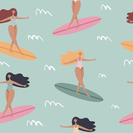 Surfing girls on the surf boards in the sea. Summer beach seamless patternのイラスト素材