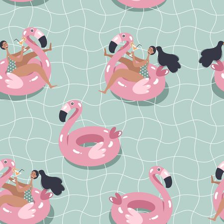 Girl in the pool swimming on pink flamingo float circle. Summertime seamless pattern.のイラスト素材