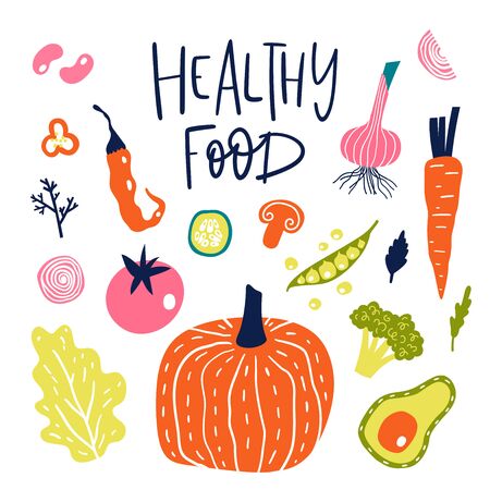 Set with hand drawn vegetables. Vector illustration isolated on white background. Eco lifestyle.のイラスト素材