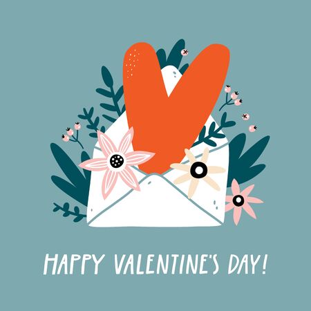 Happy Valentine's Day greeting card with envelope, heart, flowers and leaves. Vector illustration.のイラスト素材