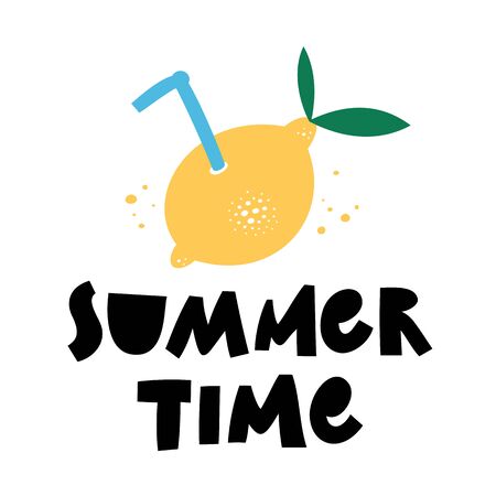Summer Tim Hand drawn lettering phrase with lemon. Season vocation, holiday . Cartoon style. Vector illustration Isolated on white background.のイラスト素材