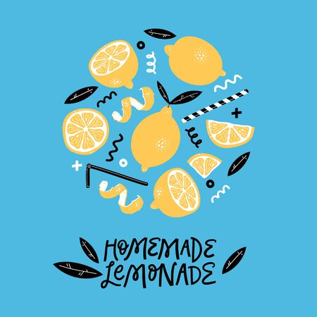 Homemade lemonade. Hand drawn summer set with lemon, lemon slice, leaves and handwritten lettering. Vector illustration.のイラスト素材