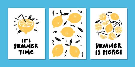 Vector set of bright summer cards or posters with lemon, lemon slice, lemonade and hand written text.のイラスト素材