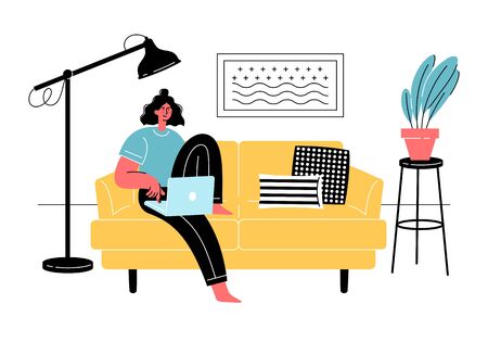 Young woman is sitting with laptop on comfy sofa. Freelance, online education, social media concept. Quarantine, self-isolation.のイラスト素材