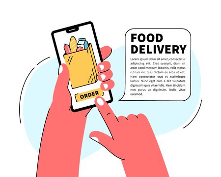 Hand holding mobile smart phone with food delivery service mobile application. Order grocery online. Fast delivery. Supermarket online shopping.のイラスト素材