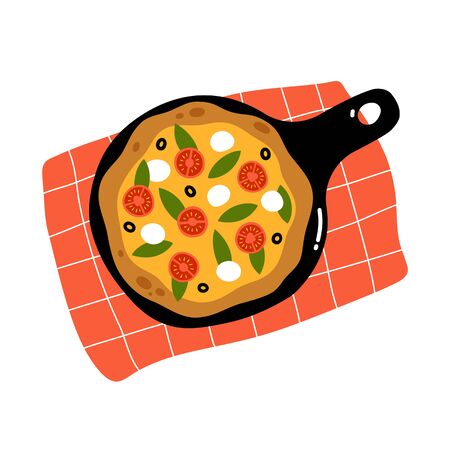 Pizza margherita with mozzarella cheese, tomato, olives and basil. Top view.の写真素材
