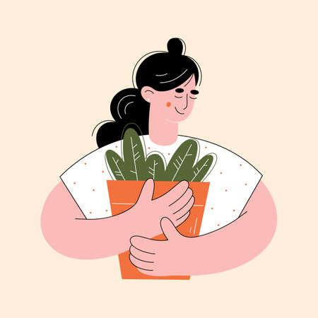 Young woman gardener. Girl florist. Home plants. Gardening concept.のイラスト素材