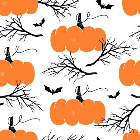 Hand drawn seamless pattern with pumpkins and tree branches. Halloween texture.のイラスト素材