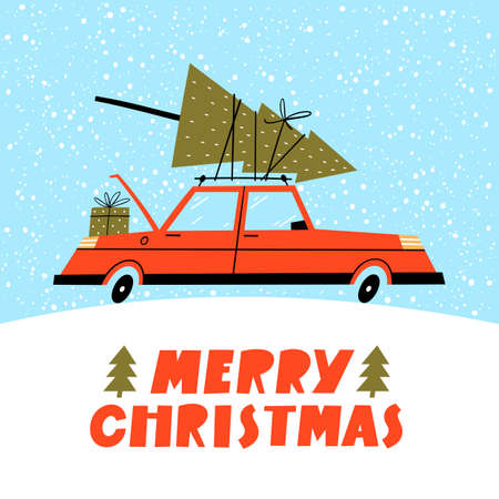 Merry Christmas illustration. Winter landscape with red retro car and tree on the top.のイラスト素材
