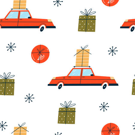 Christmas seamless pattern with red cars and gift boxes.のイラスト素材