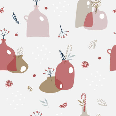 Seamless Christmas pattern with branches and berriesのイラスト素材
