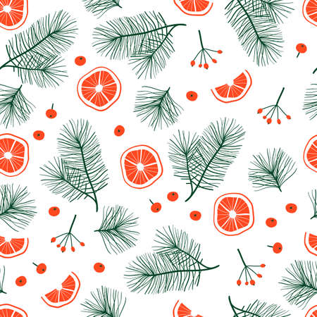 Seamless Christmas pattern with branches and berries. Vector illustrationのイラスト素材