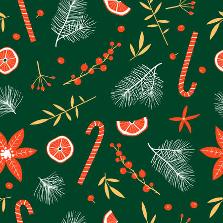 Seamless Christmas pattern with branches and berries. Vector illustrationのイラスト素材