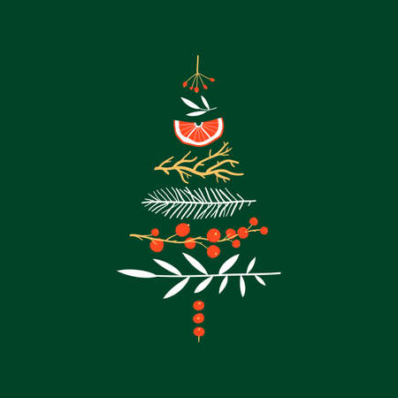 Christmas Tree Shape Card. Set of Christmas hand drawn branches and berries. Vector illustrationのイラスト素材