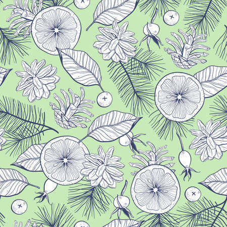 Seamless pattern with Christmas branches and berries. Trendy vintage style.のイラスト素材