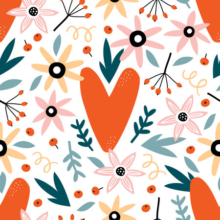 Valentines day seamless pattern with flowers, leaves and hearts. Romantic background.のイラスト素材