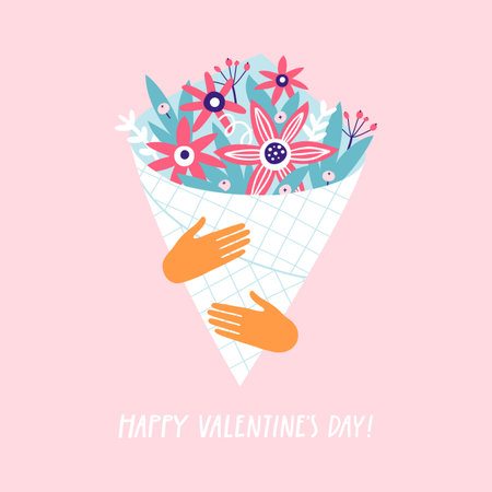 Hands holding bouquet of flowers. Greeting card for Valentines Dayのイラスト素材