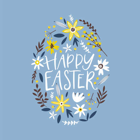 Happy Easter greeting card with decorative egg and handwritten holiday wishes.のイラスト素材