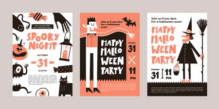 Vector set of Halloween party invitations or greeting cards with handwritten text and traditional symbols.のイラスト素材