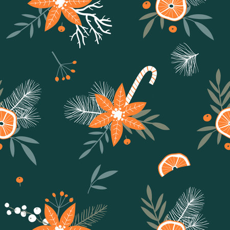 Seamless pattern with Christmas branches and berries. Trendy vintage style.のイラスト素材