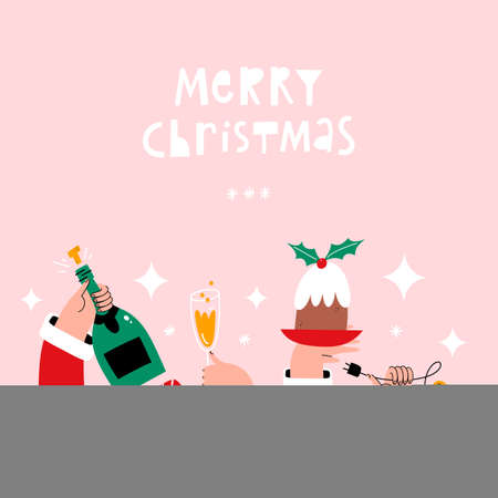 Christmas greeting card with hands holding holiday food, drink and decorationsのイラスト素材