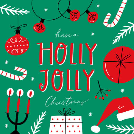 Have a Holly Jolly Christmas. Holiday greeting card with handwritten modern lettering. Xmas hand drawn design elementsのイラスト素材