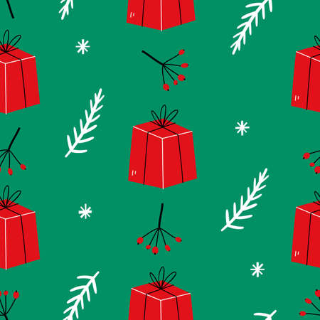 Christmas seamless pattern with gift boxes, branches and berries