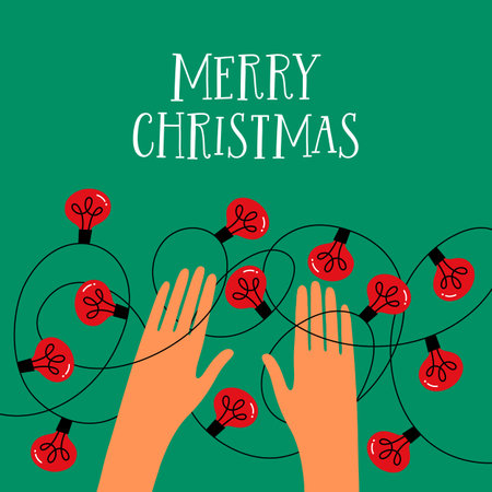Greeting card with hands and Christmas lights. Holiday print, banner, gift tag.のイラスト素材