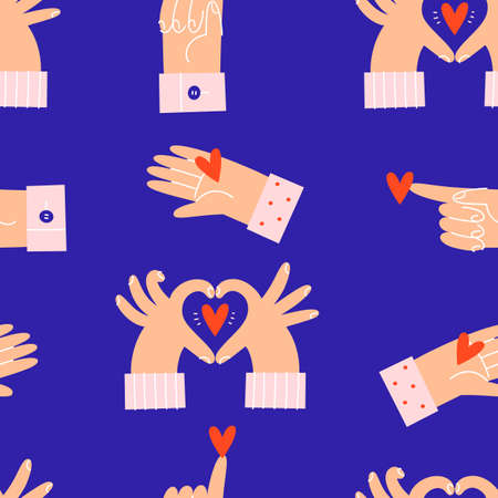 Valentines day seamless pattern with hearts in hands.のイラスト素材