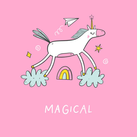 Magic cute unicorn, walking on the clouds.のイラスト素材