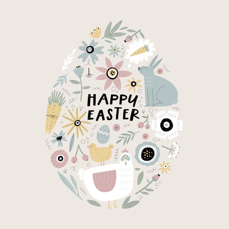 Happy Easter greeting card with decorative egg and handwritten holiday wishes.のイラスト素材