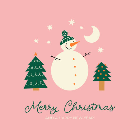 Merry Christmas greeting card with snowman, Christmas trees and hand letteringのイラスト素材
