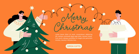 Merry Christmas and happy new year banner or landing page with happy people decorated Christmas tree together.のイラスト素材