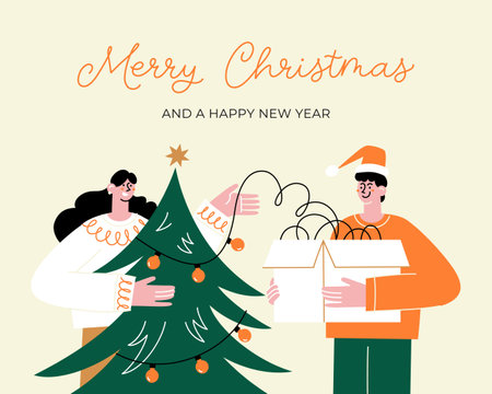Merry Christmas and happy new year greeting card with happy people decorated Christmas tree together.のイラスト素材