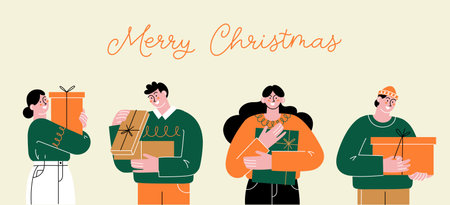 Set of happy people holding Christmas giftsのイラスト素材
