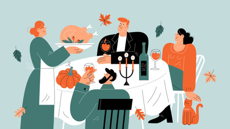 Happy people celebrating Thanksgiving.のイラスト素材