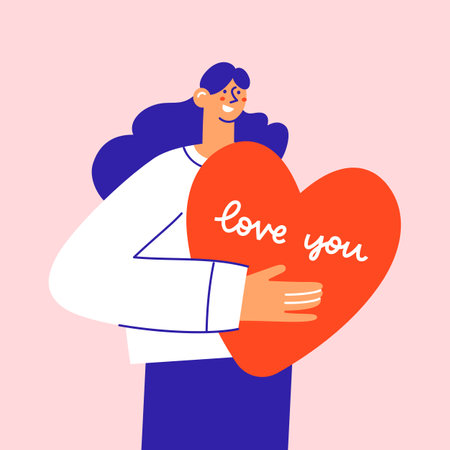 Happy woman holding a big heart. Greeting card for Valentines Day.のイラスト素材