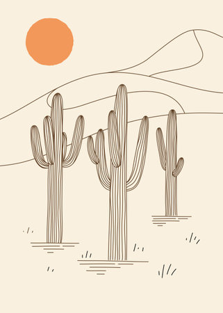 Desert landscape with cactus and dunes. Design for print, card or wall decor.のイラスト素材