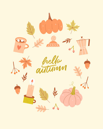 Hello Autumn lettering. Card with pumpkins and autumn leaves.のイラスト素材