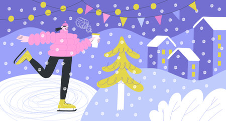 Young woman skating on the ice rink and drinking coffee.のイラスト素材