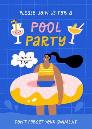 Pool party poster with girl in rubber ring. Template design for summer beach partyのイラスト素材