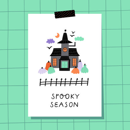Halloween greeting card with haunted house.のイラスト素材